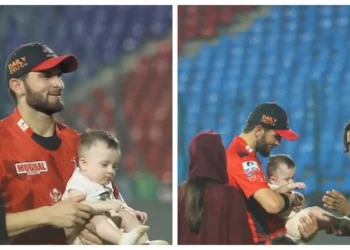 میچ میں فتح کے بعد شاہین آفریدی اور انشا کے بیٹے کی اسٹیڈیم سے پہلی بار تصاویر وائرل