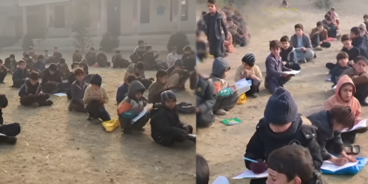 ضلع مہمندکے سرکاری اسکول میں طلبہ شدید سردی میں زمین پر بیٹھ کر تعلیم حاصل کرنے پر مجبور