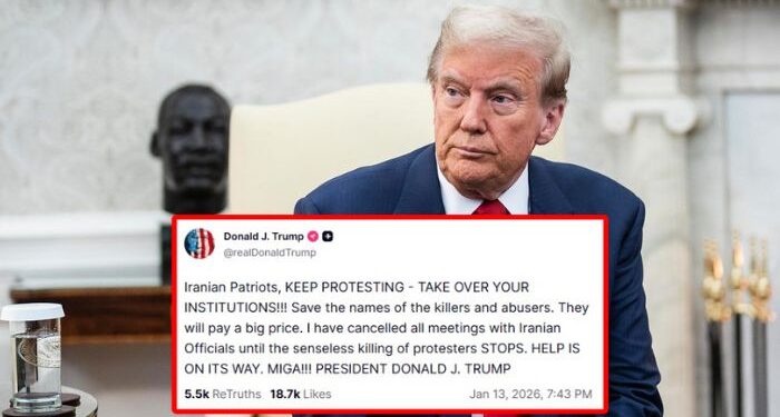 ایران کے محب وطن لوگ احتجاج جاری رکھیں، اداروں پر قبضہ کرلیں، مدد پہنچ رہی ہے: ٹرمپ